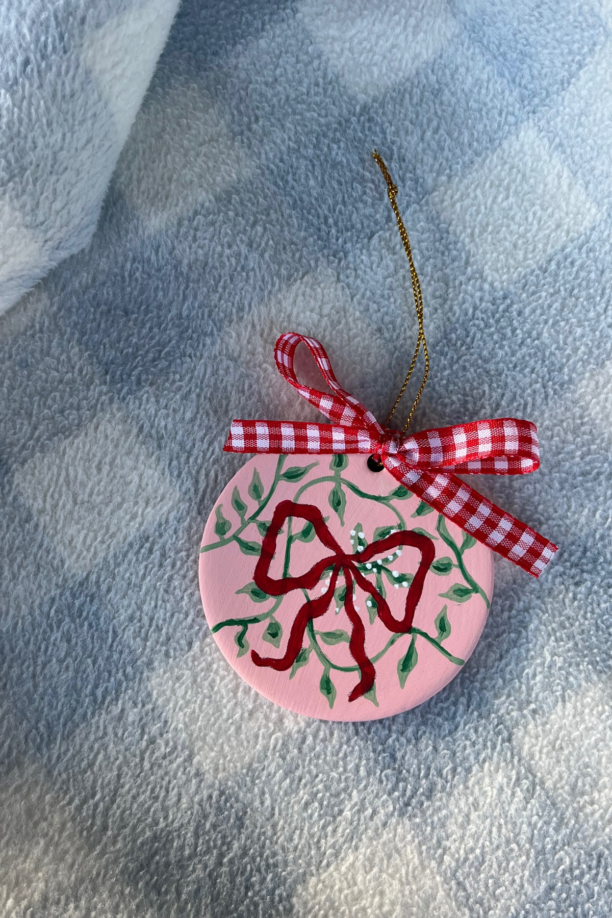 Red Ribbon & Mistletoe | Hand Painted Ceramic Ornament