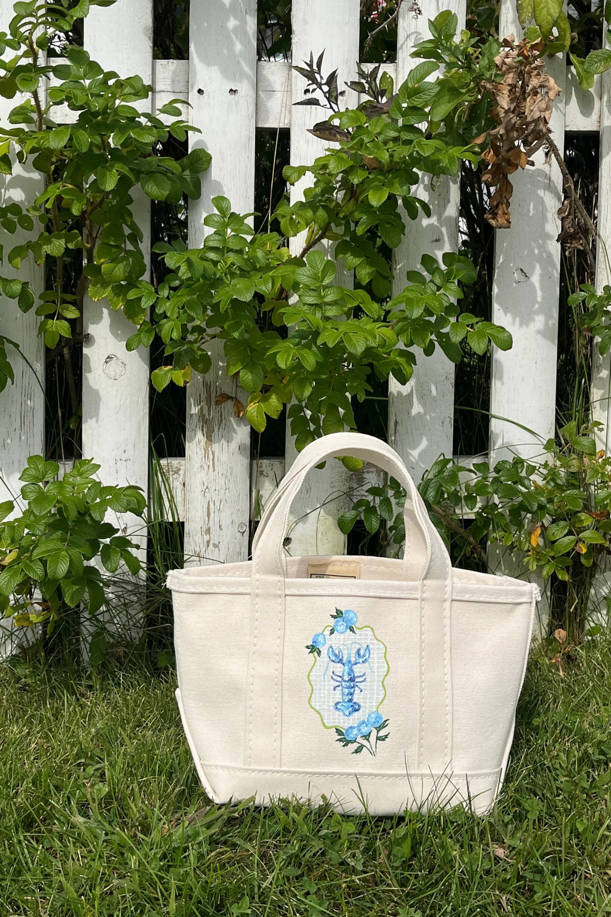 Mini Blue Hydrangea & Lobster Handpainted LL Bean Tote