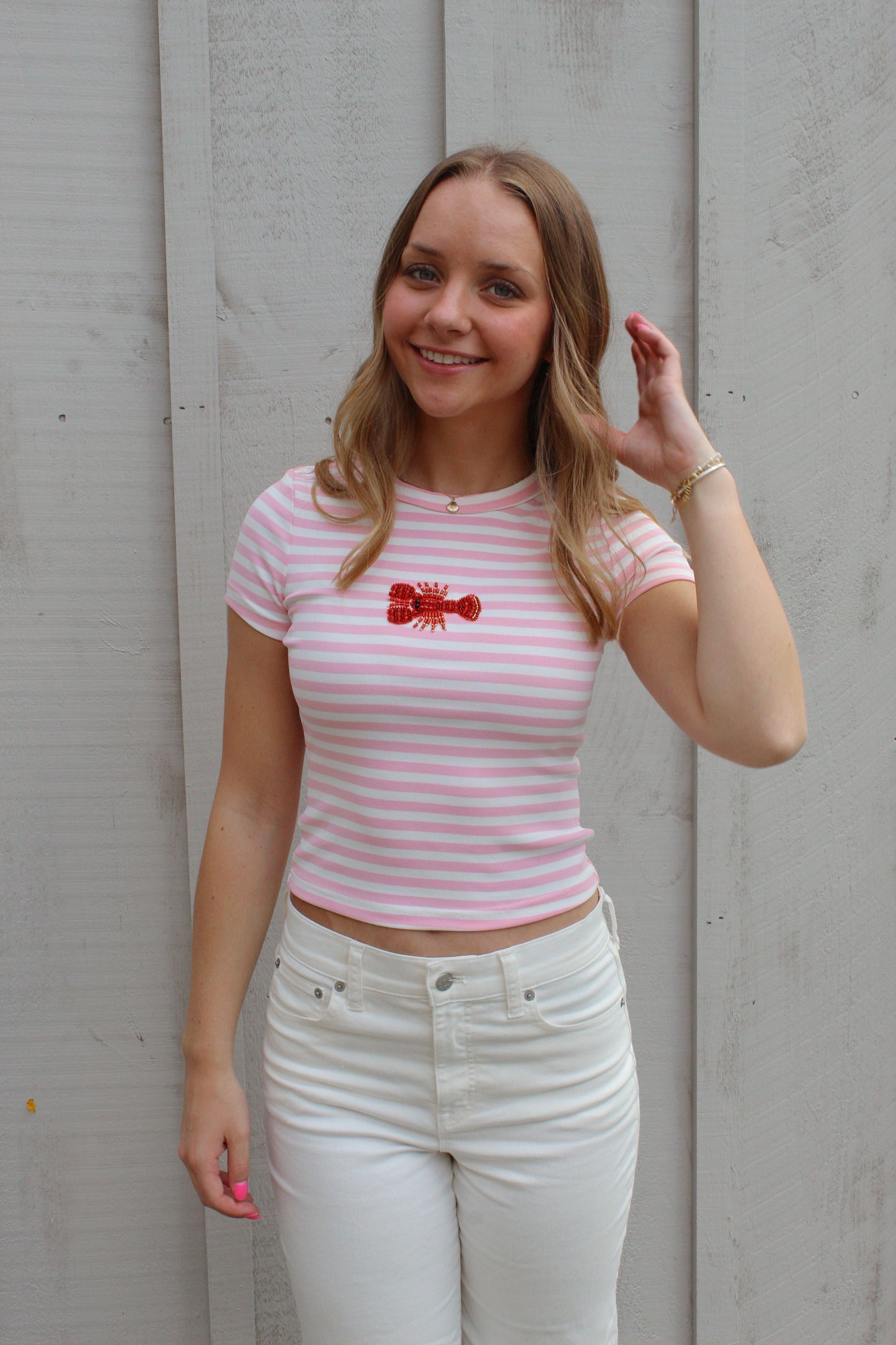 Claws & Stripes Beaded Tee - Pink