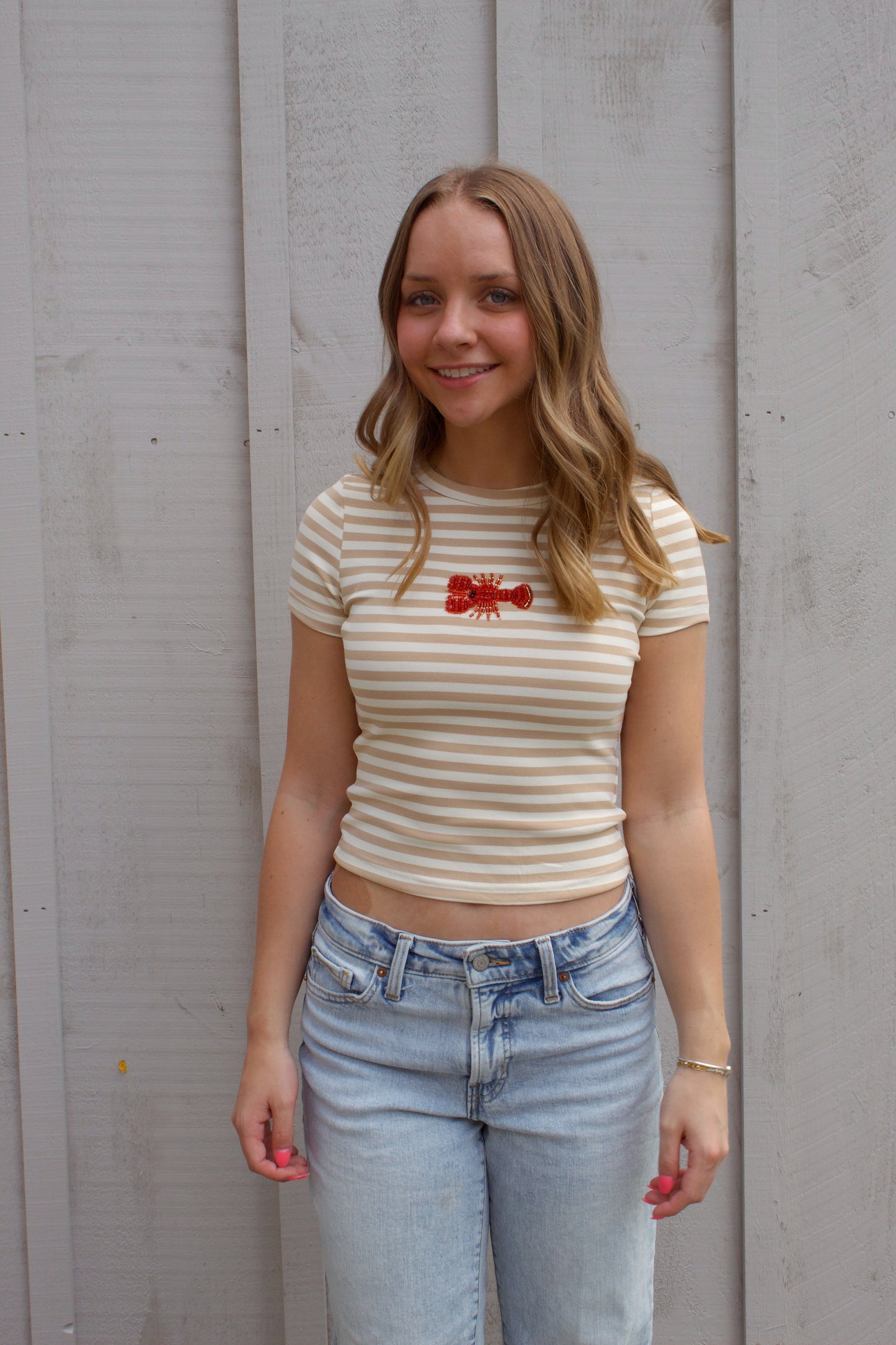 Claws & Stripes Beaded Tee - Tan
