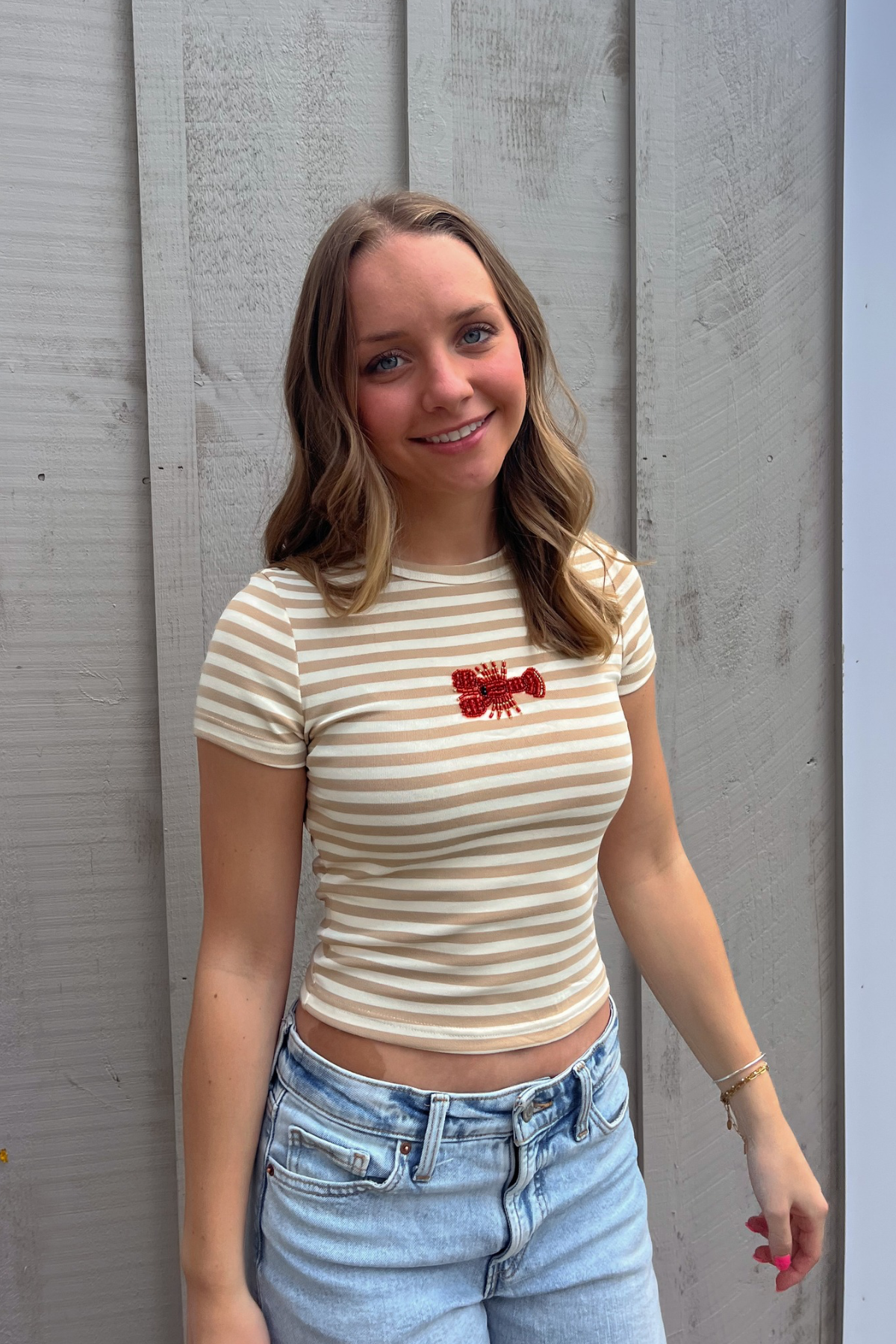 Claws & Stripes Beaded Tee - Tan