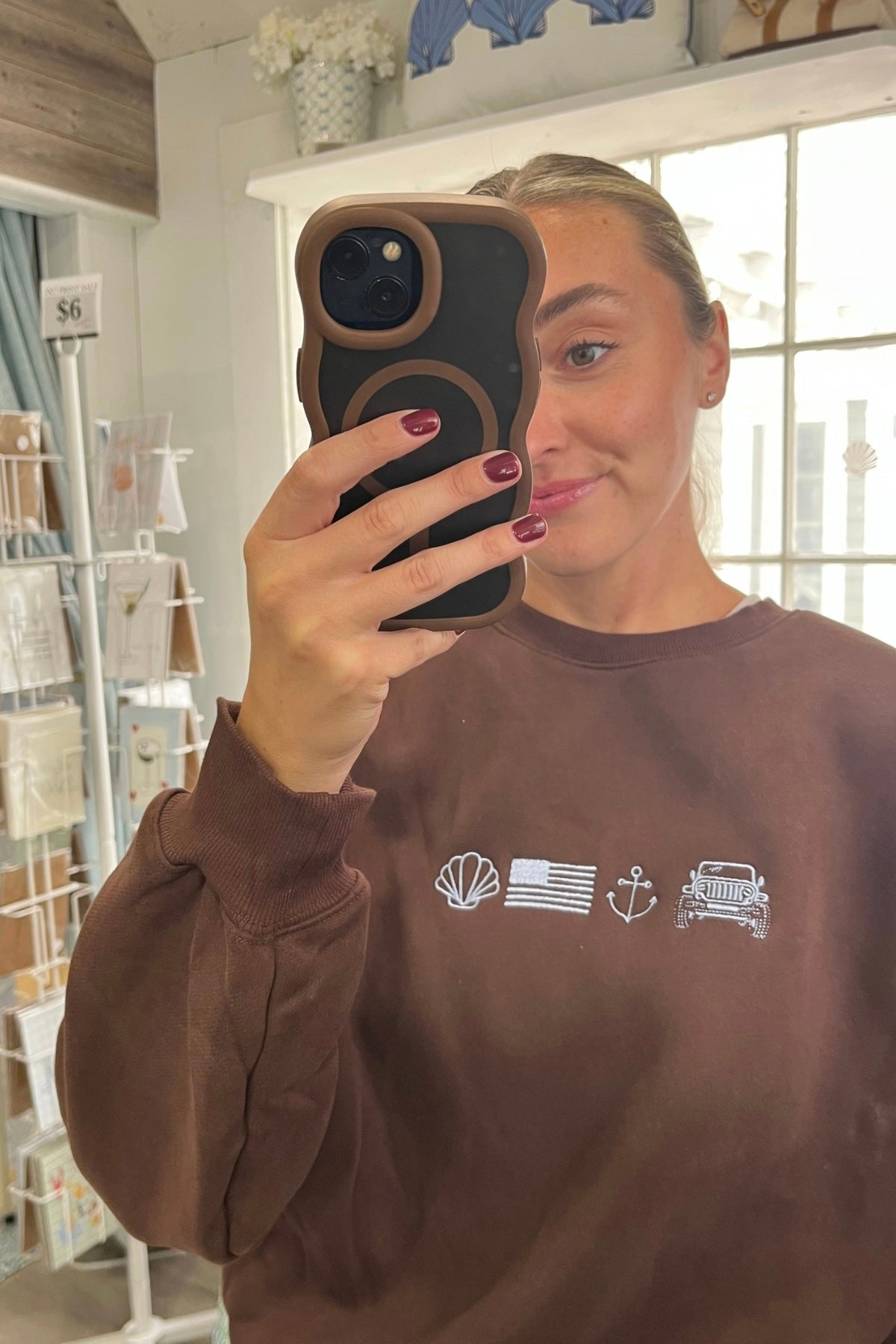 Chocolate Coastal Icons Embroidered Crewneck