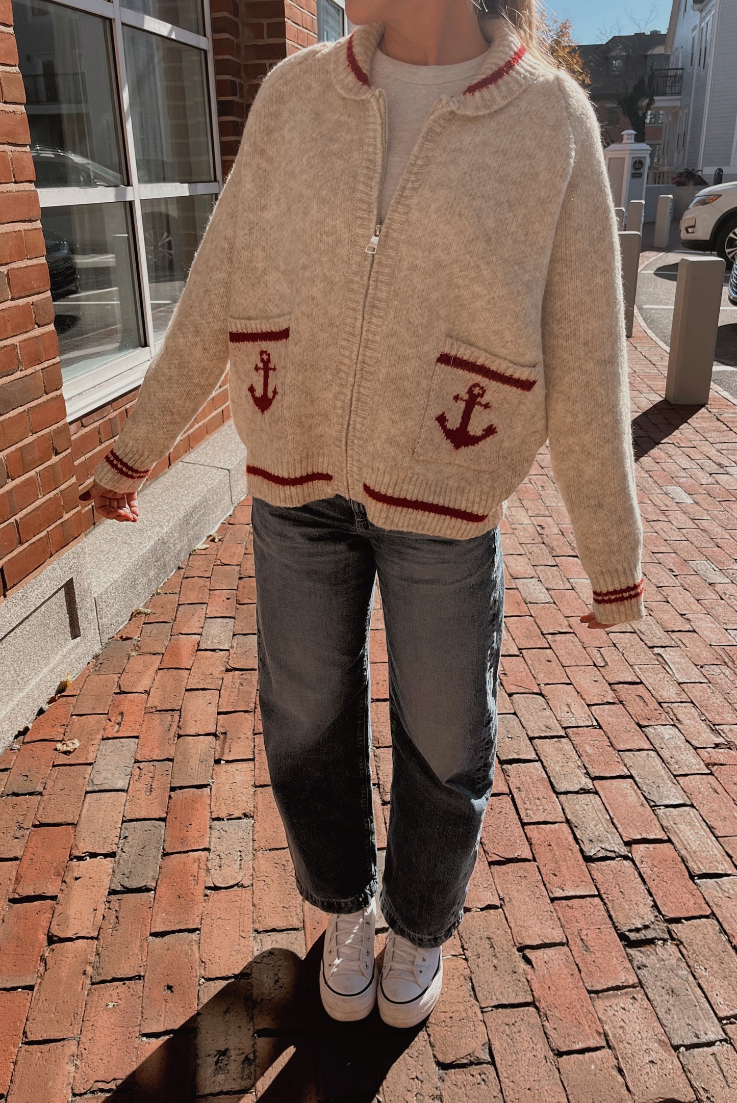 Cape Neddick Zip Up in Cream & Red