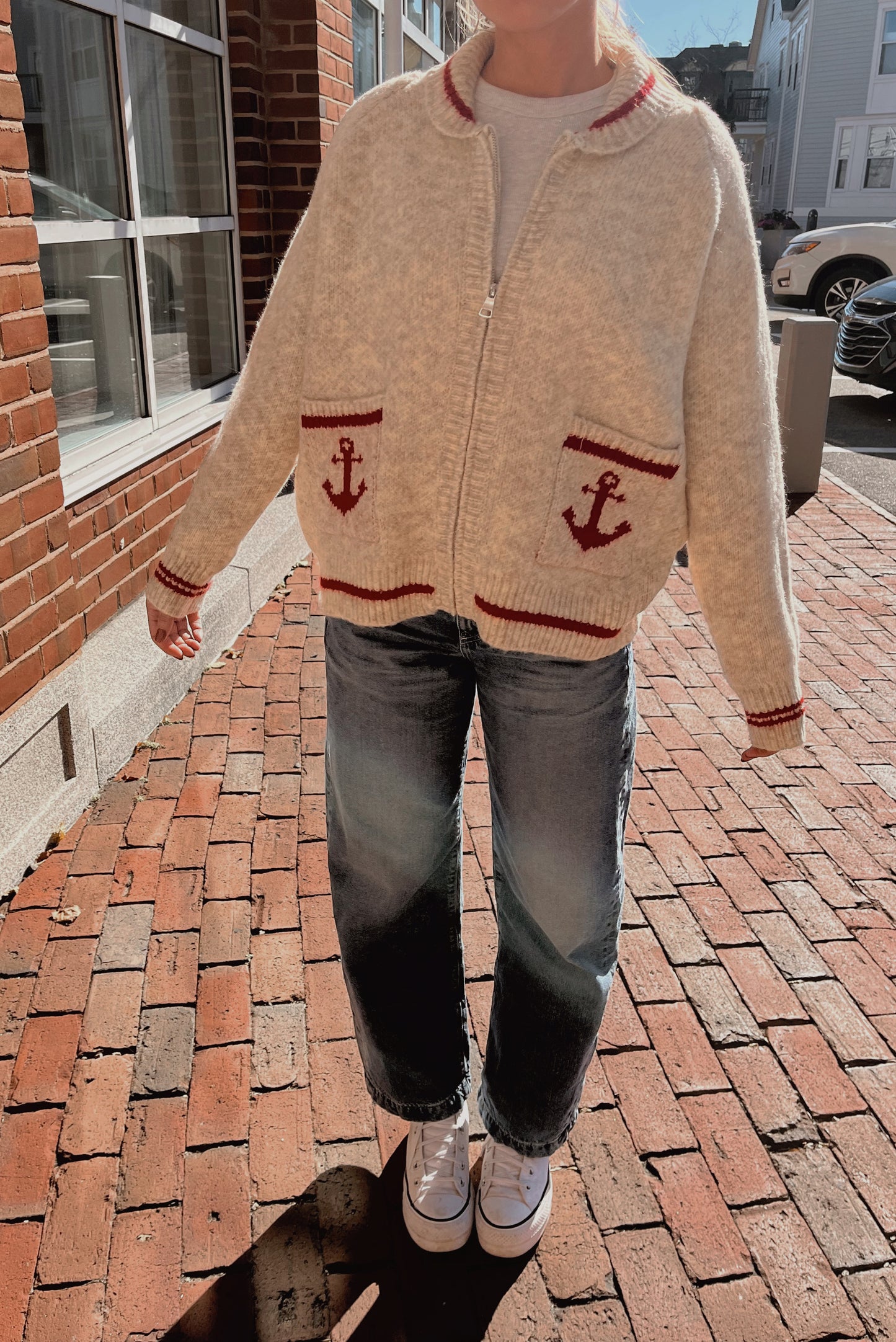 Cape Neddick Zip Up in Cream & Red