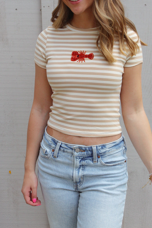 Claws & Stripes Beaded Tee - Tan