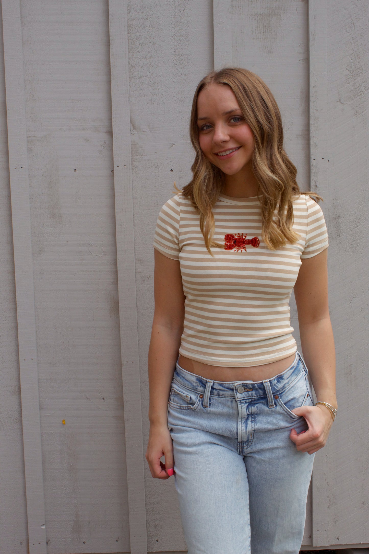 Claws & Stripes Beaded Tee - Tan