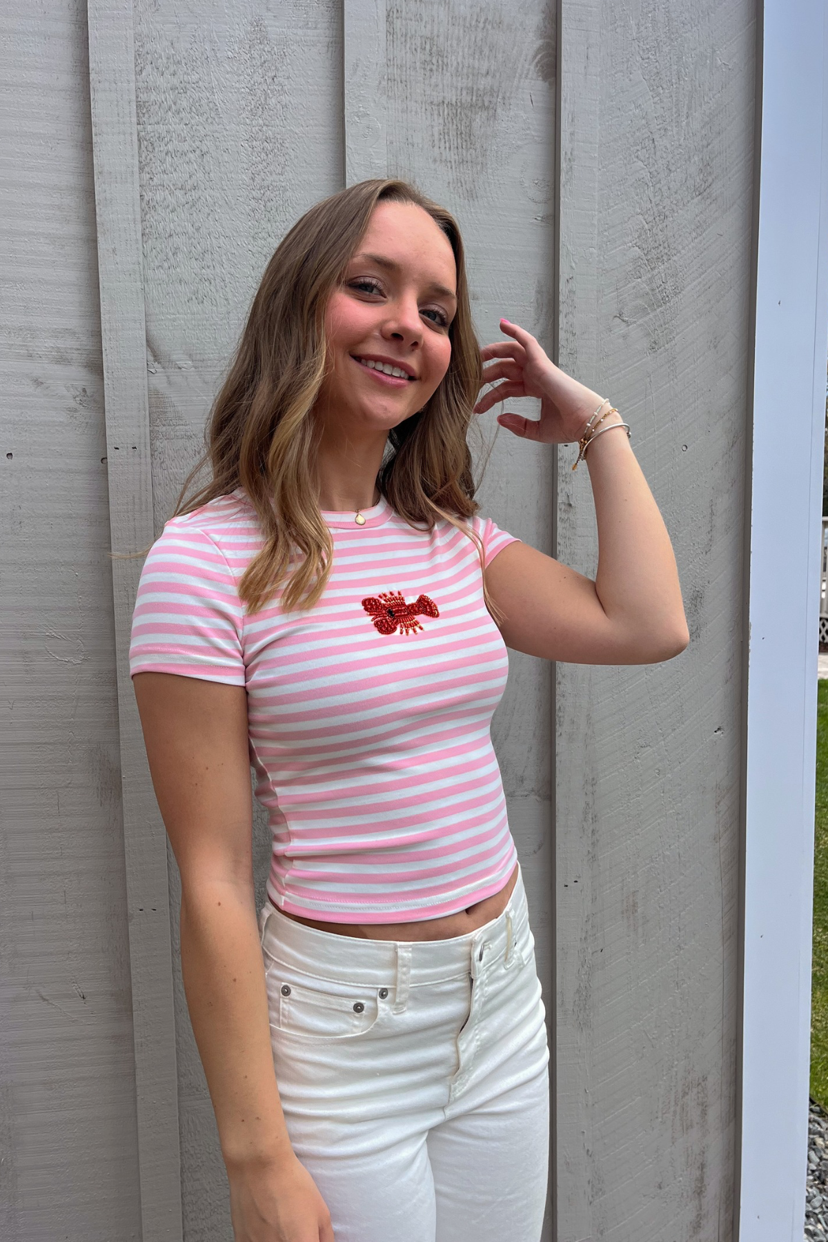 Claws & Stripes Beaded Tee - Pink
