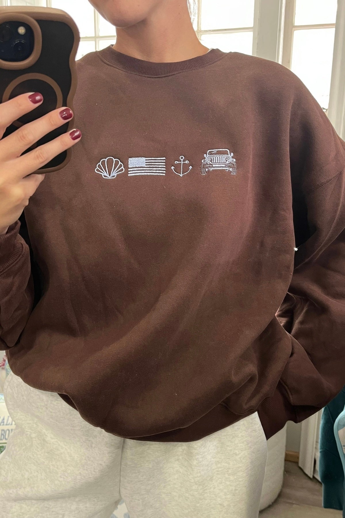 Chocolate Coastal Icons Embroidered Crewneck