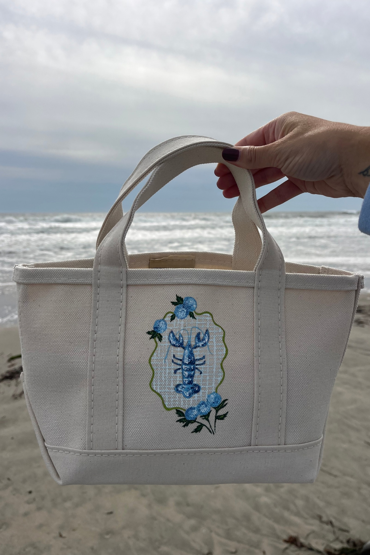 Mini Blue Hydrangea & Lobster Handpainted LL Bean Tote
