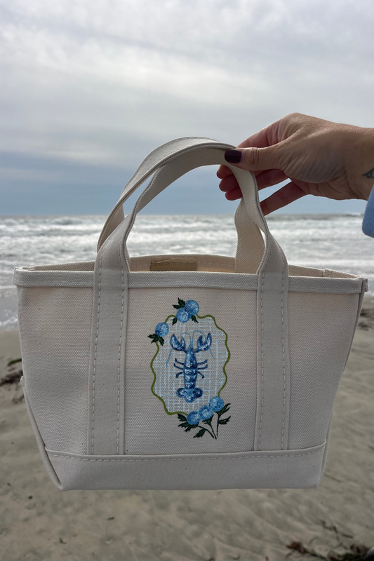 Mini Blue Hydrangea & Lobster Handpainted LL Bean Tote