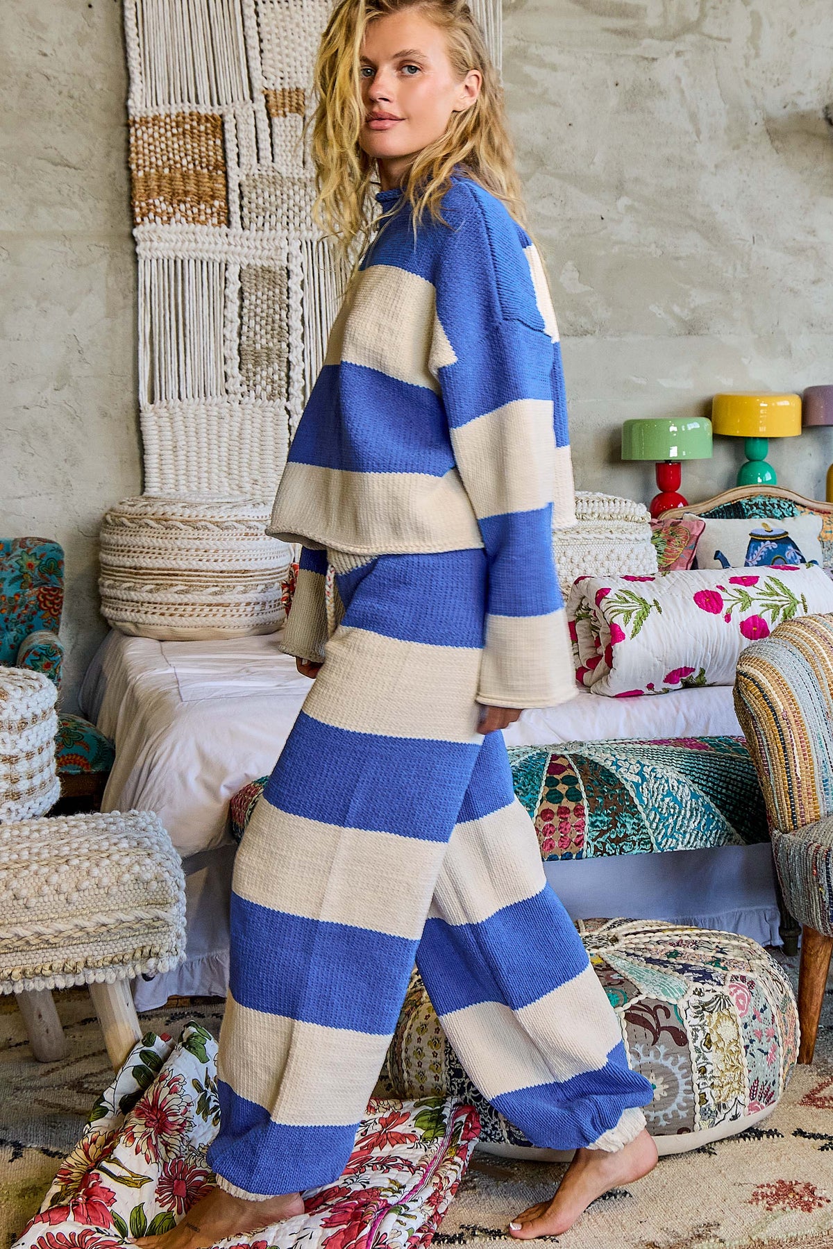 Bohemian Stripe Wide Leg Cozy Knit Pants