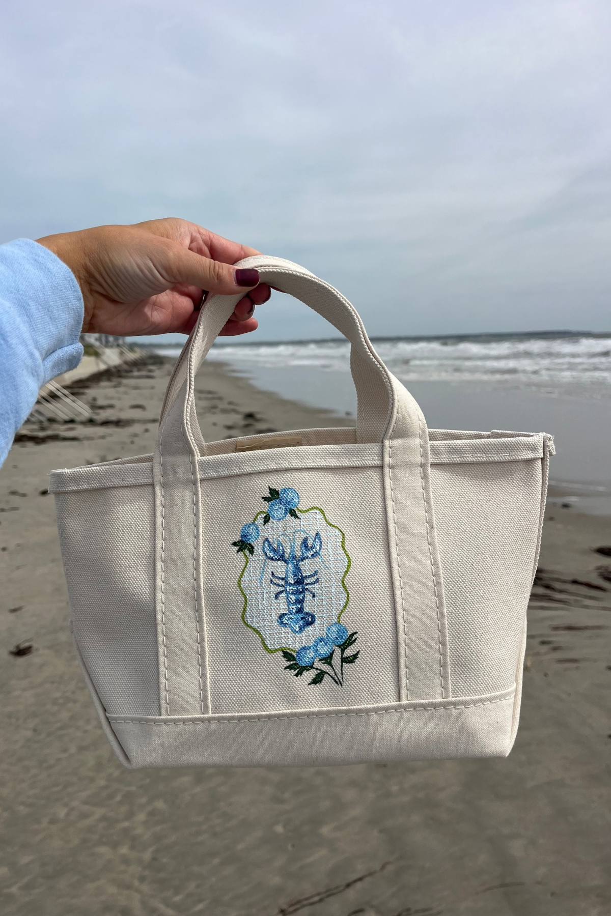 Mini Blue Hydrangea & Lobster Handpainted LL Bean Tote