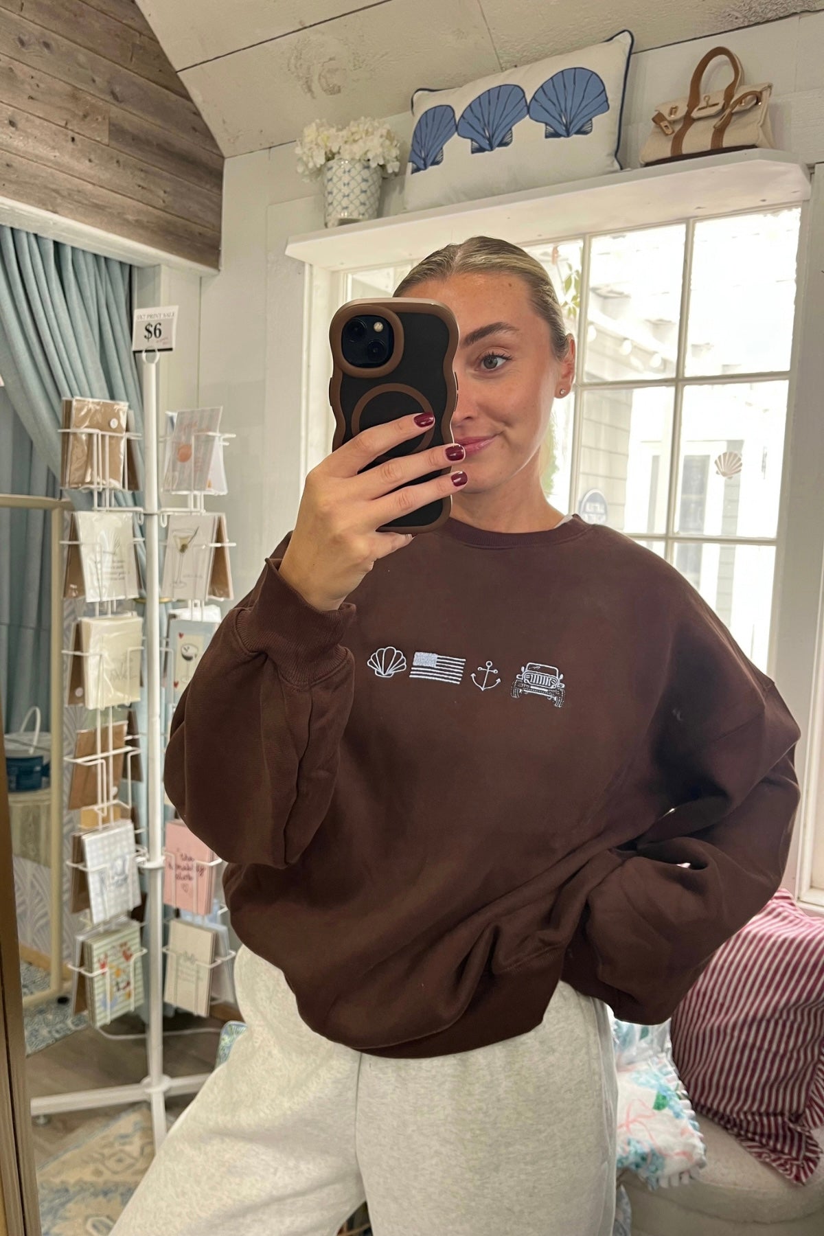 Chocolate Coastal Icons Embroidered Crewneck