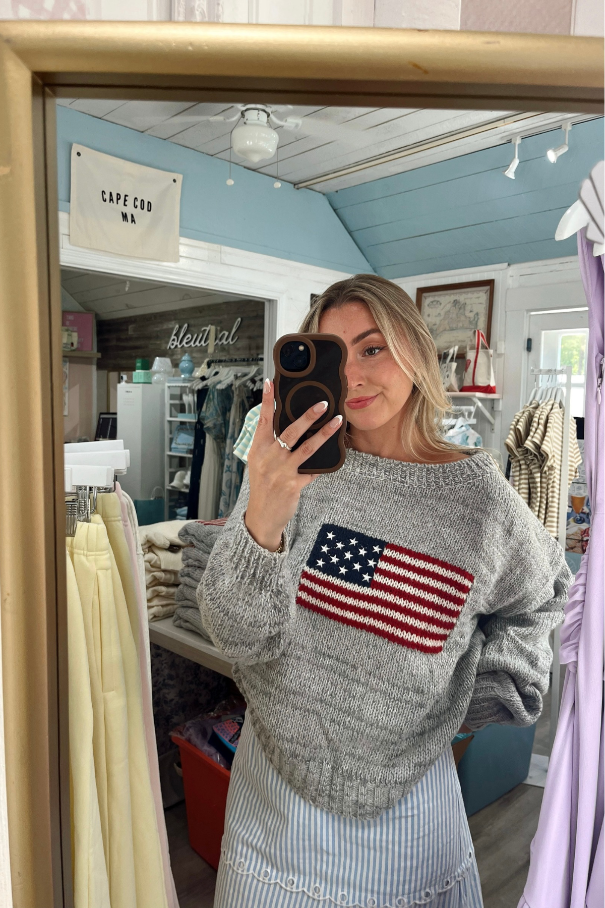 Cozy Classic Americana Off Shoulder Knit