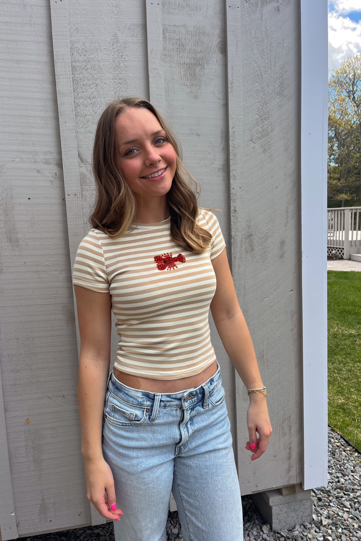 Claws & Stripes Beaded Tee - Tan