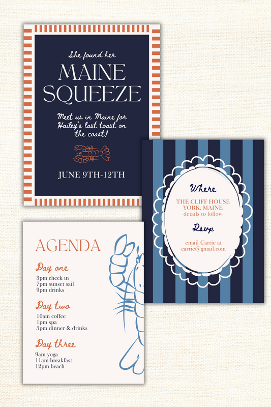 Maine Squeeze Custom Bachelorette Invitation & Itinerary Cards – Personalized & Printed