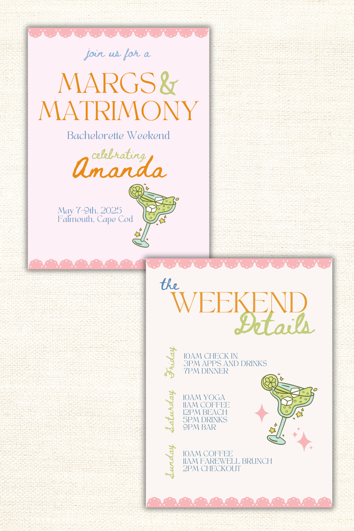 Margs & Matrimony Custom Bachelorette Invitation & Itinerary Cards- Personalized & Printed