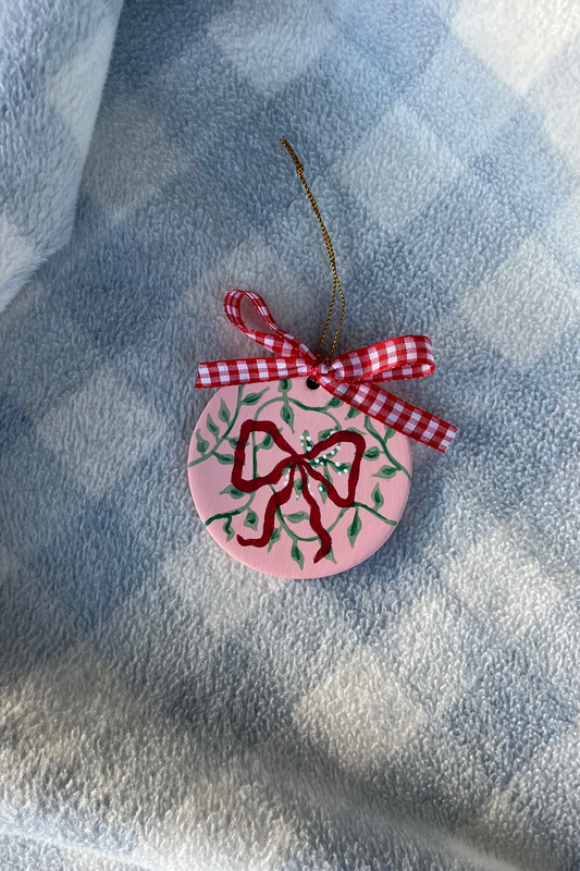 Red Ribbon & Mistletoe | Hand Painted Ceramic Ornament