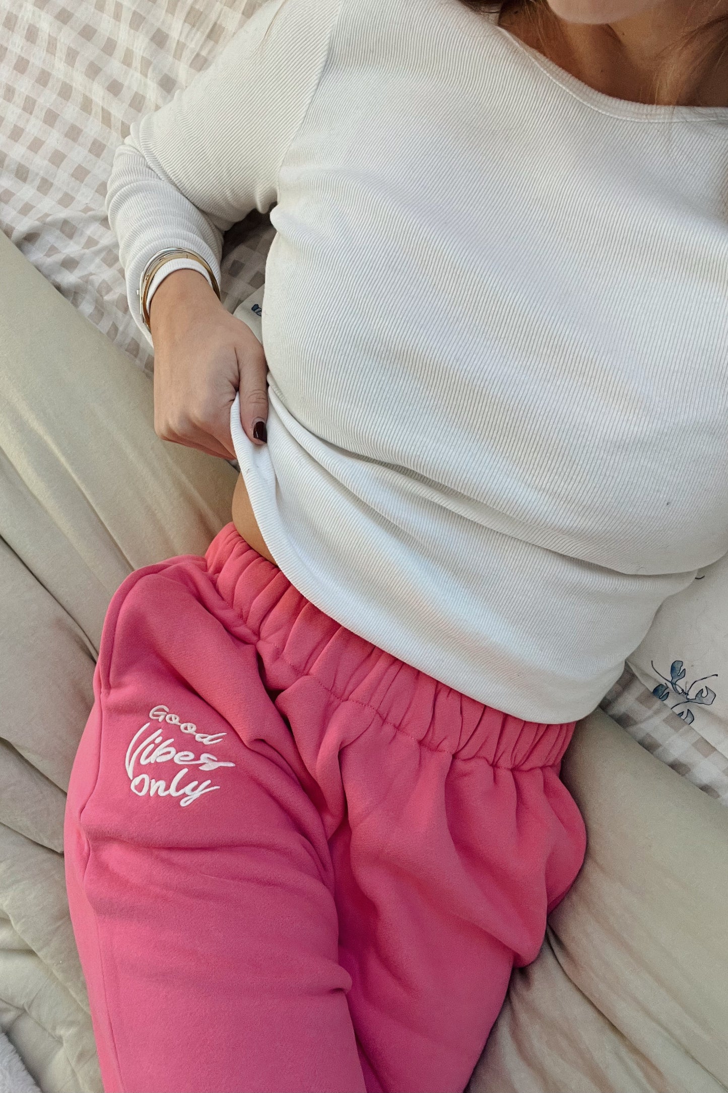 Good Vibes Only Pink Plush Joggers